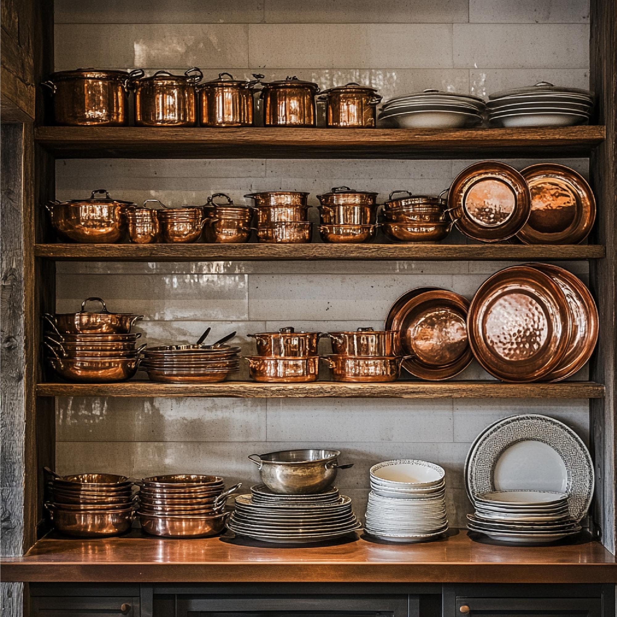 Interior of small artisanal kitchen with copper pans