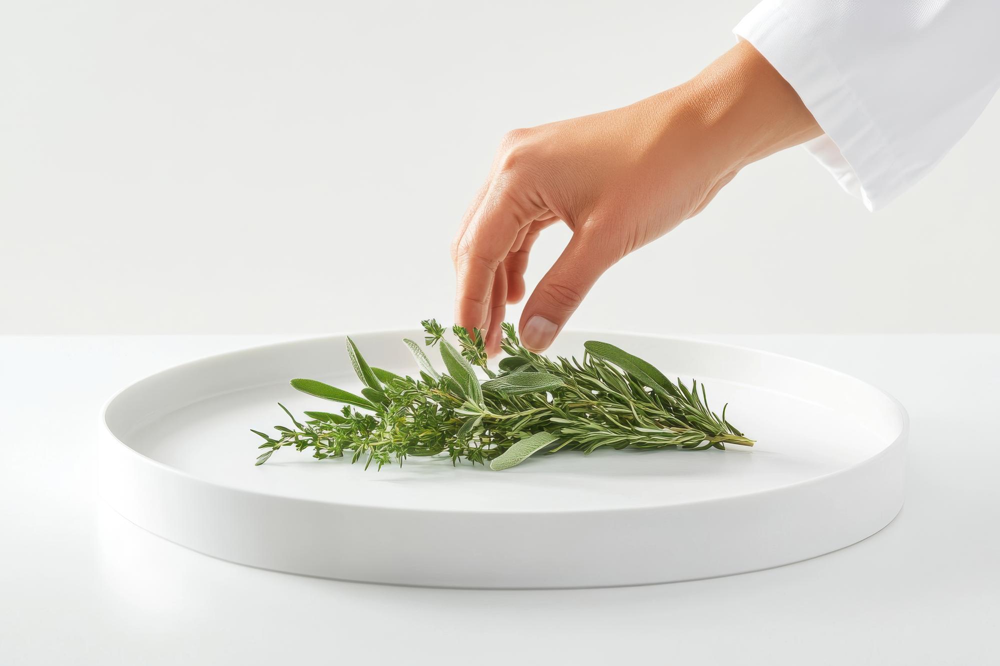 Chef hands finishing plate next to herbs