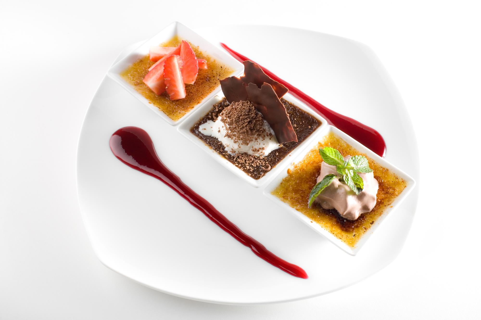 Close-up of plated dessert with caramel glaze